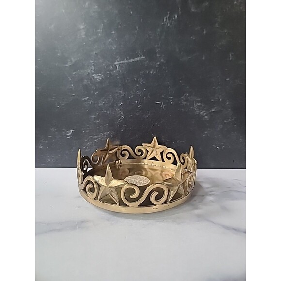 Round Brass Stars and Scrolls Pillar Candleholder Vintage Home Decor - Picture 1 of 10